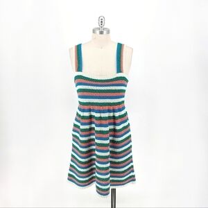 Zara Striped Crochet knit Dress Green Blue L bohemian spring cottagecore